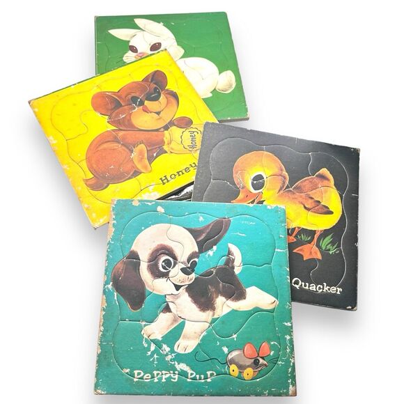 X4 Vintage Children Puzzles 1950 Kitsch Toys HTF Bear Duck Puppy Bunny - Picture 1 of 13